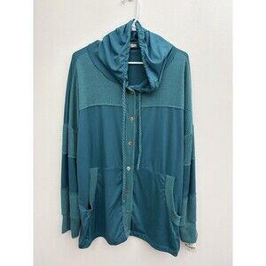 NWT Blumin Apparel Perfect Mix Hooded Top Jacket Teal Waffle Knit Size L T8034